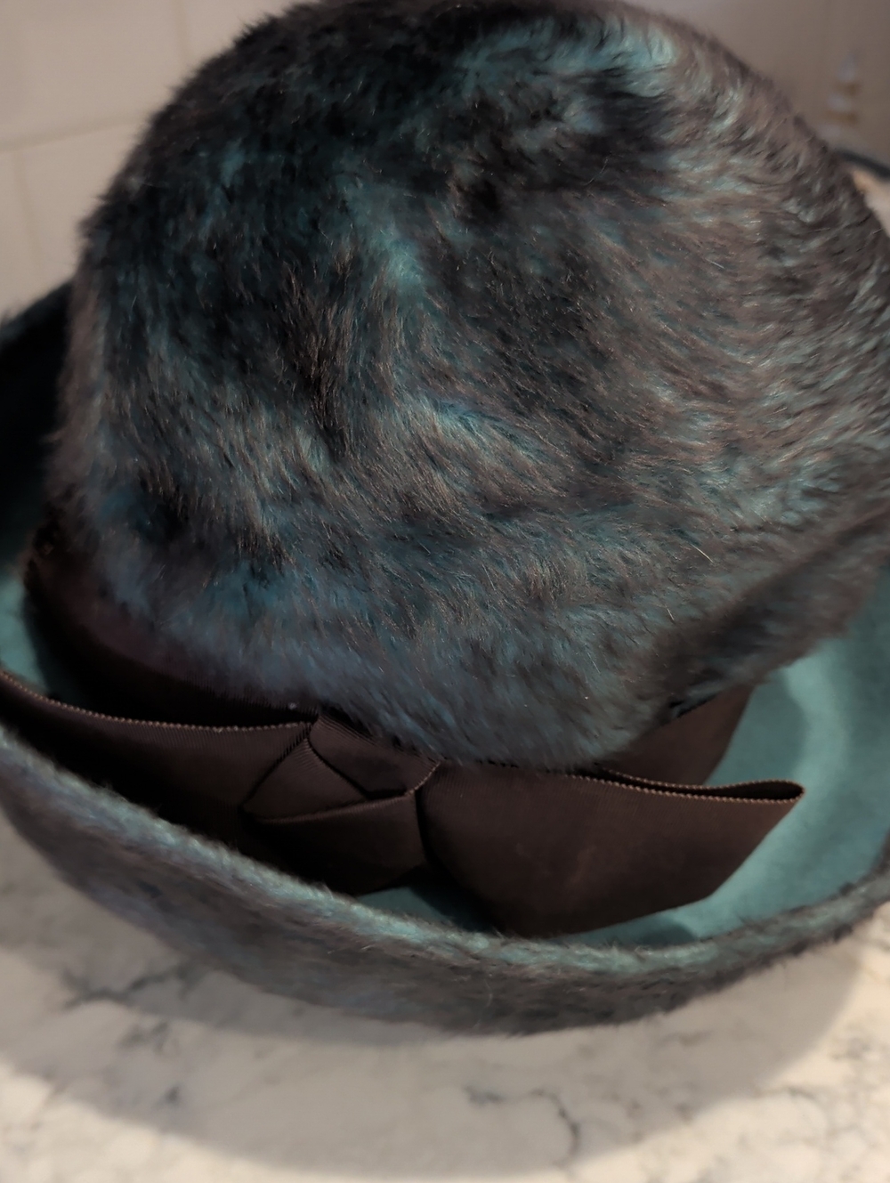 Vintage  Faux Fur Cloche Hat with Ribbon - Teal